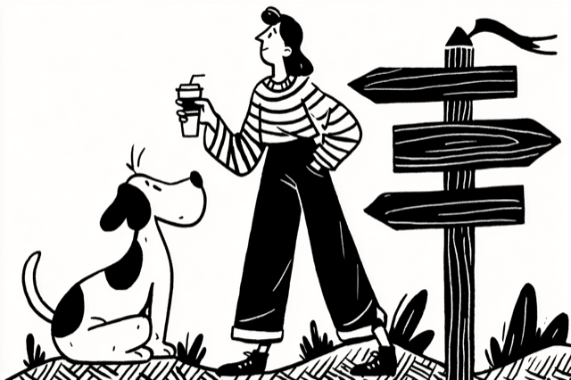 A person with a coffee at a signpost